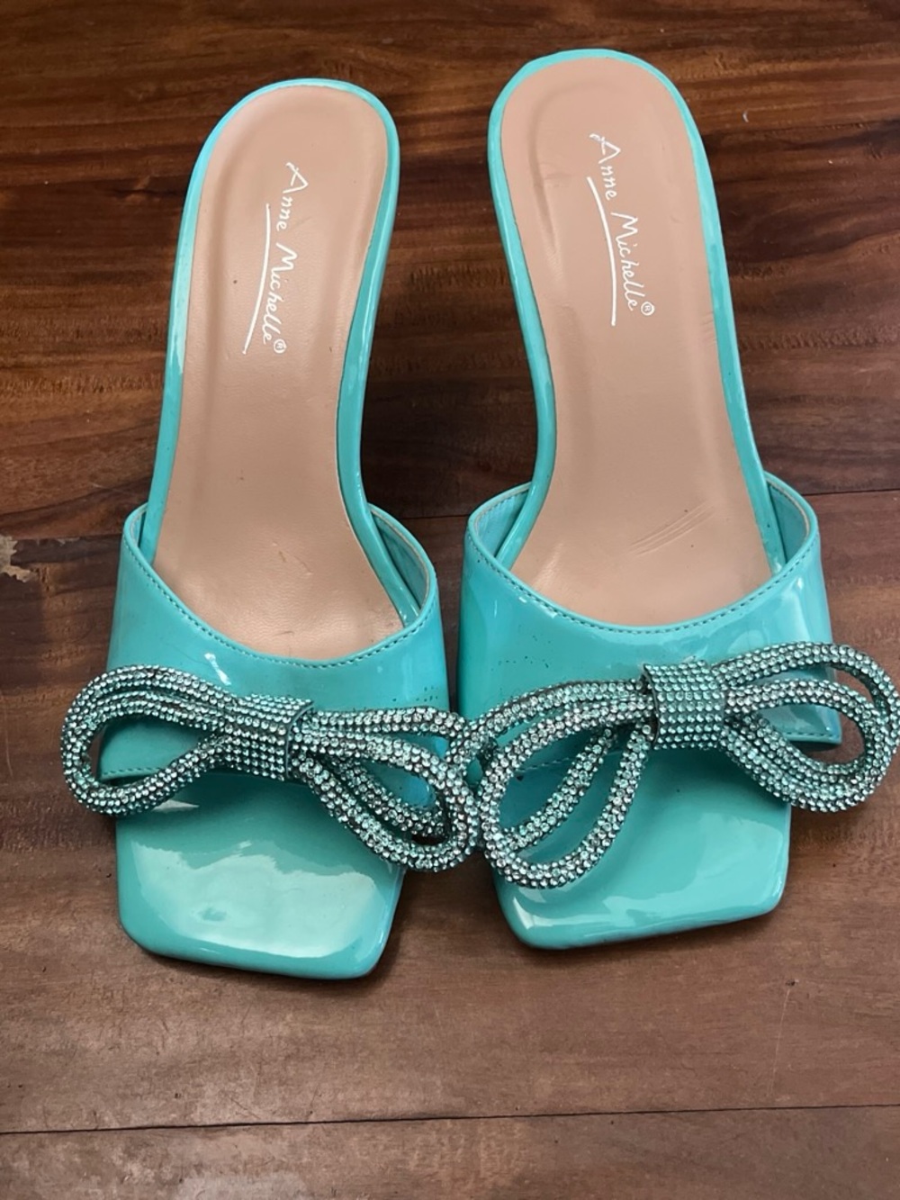 Anne Michelle Turquoise Patent Slide Sandals with Crystal Bow Accent